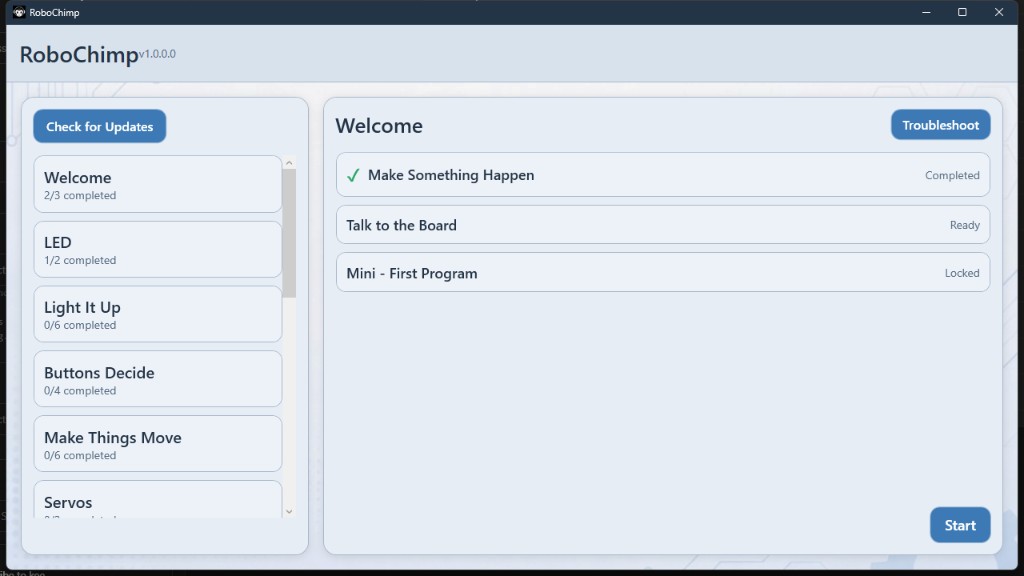 RoboChimp app showing guided lessons, module progress, and step-by-step tasks
