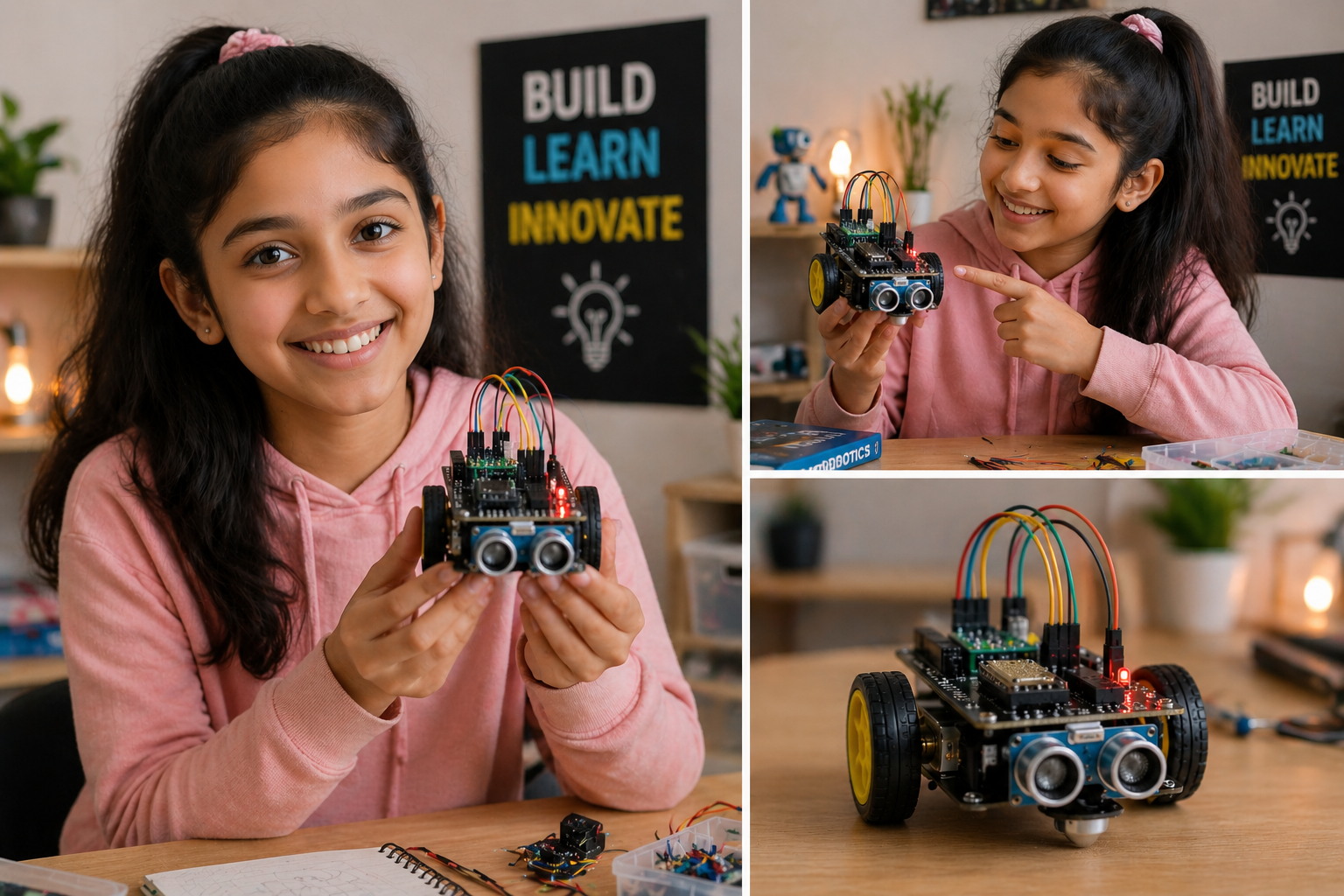 Kid learning robotics using a guided app and hardware kit